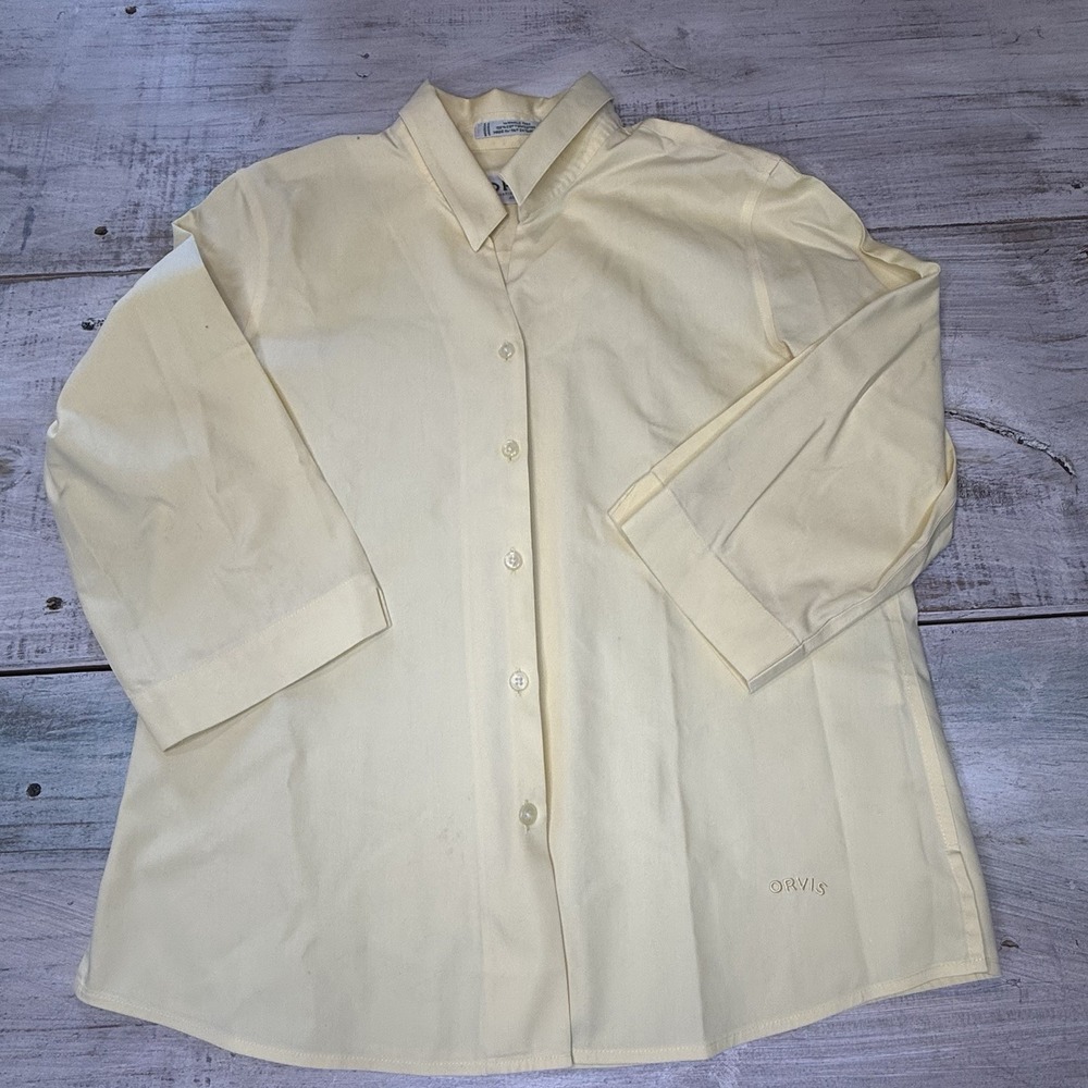 Orvis Womens Button Down Shirt Top 3/4 Sleeve Yellow Collared Casual Size 6